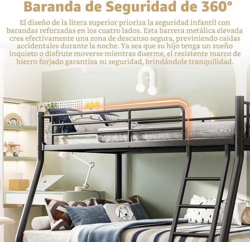 Vista 7 de Litera de metal de tamaño individual sobre matrimonial para adultos y niños, literas de perfil bajo con barandilla de longitud y escalera,
