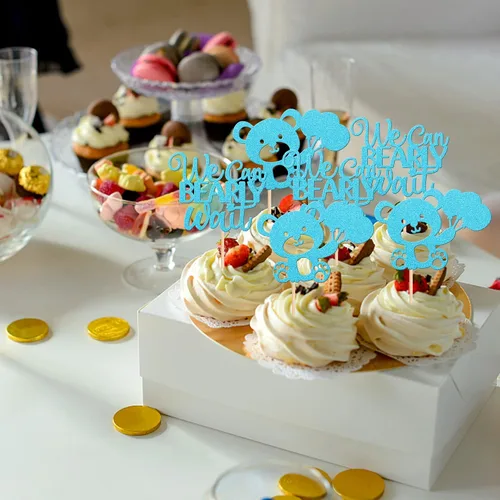 Vista 3 de 24 PIEZAS Oso de Peluche con Texto "We Can Bearly Wait" Adornos de Cupcake con Purpurina, Globo Oso para Revelación de Género, Adornos de Baby