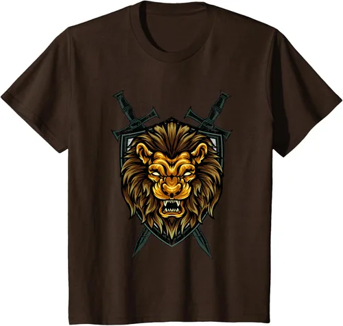 Vista 33 de Camiseta con diseño de caballero medieval renacentista, con diseño de espada de león, Negro, S