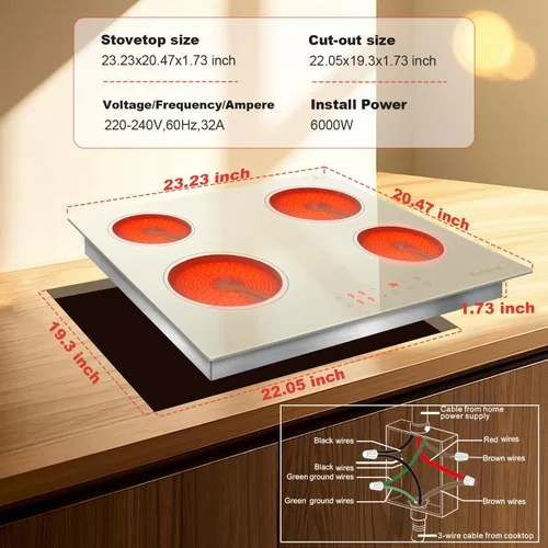 Vista 6 de Karinear Placa de cocina de cerámica beige y blanca de 60 cm, vitrocerámica eléctrica con control táctil, temporizador de 99 minutos, bloqueo