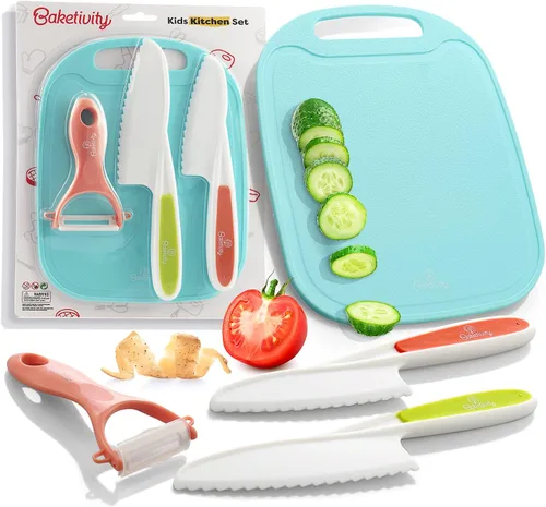 Vista 8 de Baketivity Juego de cocina para niños, utensilios reales con guía de herramientas de cocina, juego completo de cocina junior regalo para niñas