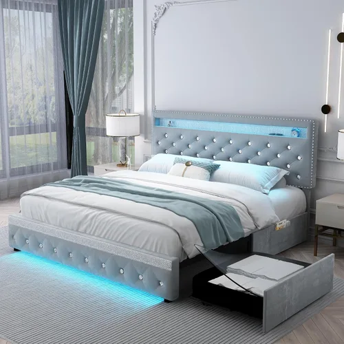 Vista 9 de SIBEDS Base de cama completa con LED y 2 cajones, marco de cama de plataforma de metal resistente de tamaño completo con cabecera ajustable