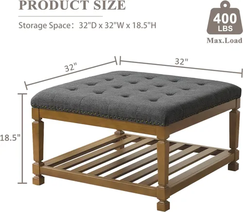 Vista 2 de Otomana con banco de almacenamiento, mesa de centro otomana de lino, gris oscuro Solid frame for added stability, 3.2-inch storage ottoman cushion