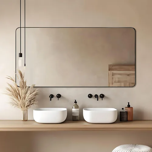 Vista 73 de ANDY STAR Espejo de pared cuadrado para baño, espejo de baño negro mate de 24 x 24 pulgadas, espejo de metal de esquina redondeada en marco de acero