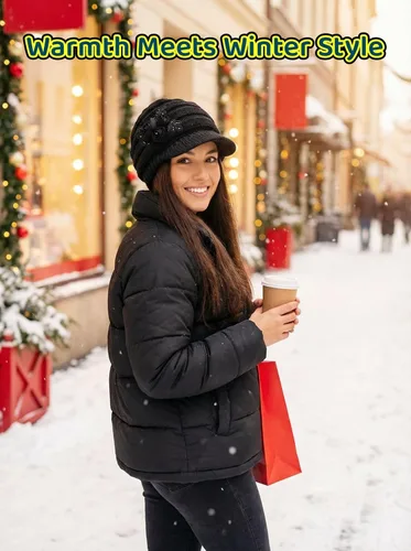 Vista 4 de C-US Gorro de invierno para mujer de punto con ala tejida y visera con detalle de flor Negro