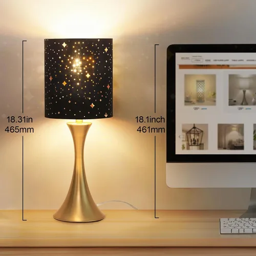 Vista 4 de Lámpara táctil para dormitorio, lámpara de mesa dorada regulable en 3 vías con pantalla estrellada negra, lámpara decorativa de mesita de noche Base