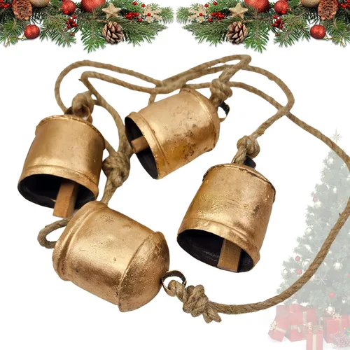 Vista 7 de BELLUXE - Campanas pequeñas de vaca rústicas de metal de estaño de la suerte hechas a mano, campanas de decoración de Navidad con cuerda de yute