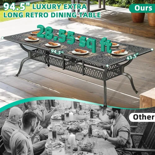 Vista 3 de VIVIJASON Juego de comedor al aire libre de 9 piezas, juego de mesa y sillas de patio de aluminio fundido para 8, incluye mesa rectangular de 94.5