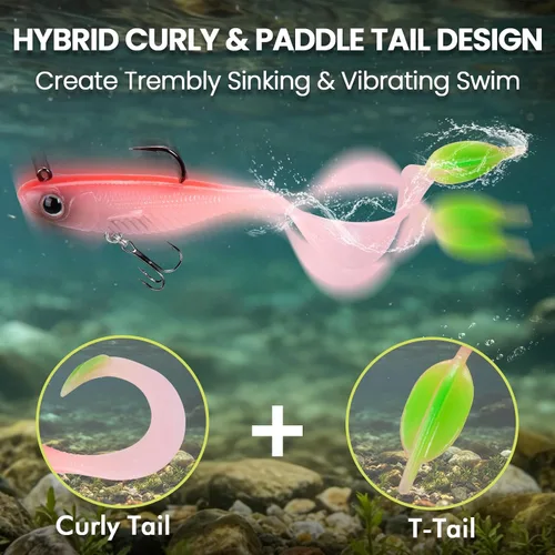 Vista 2 de TRUSCEND Duramax TPE Soft Fishing Lures with BKK Hooks, Easy Catch Curly & T-Tail for Trembly Sinking & Vibrating Swim, UV or Glow Effect for All