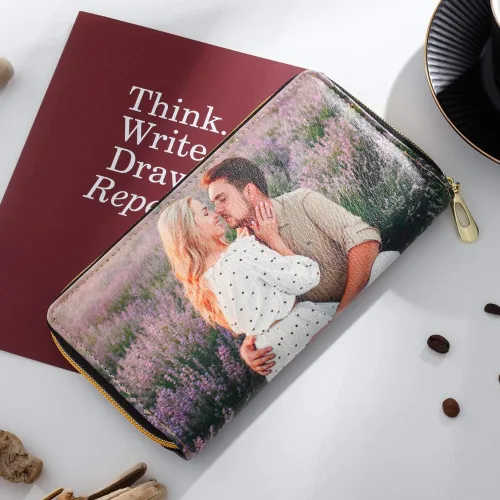 Vista 4 de Loveje - Billeteras personalizadas para mujer, de piel sintética, con grabadas fotográficas, triple pliegue, tarjeta de crédito, cartera larga