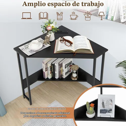 Vista 4 de COSTWAY Escritorio esquinero para computadora, con puertos USB y toma de corriente, estante de almacenamiento para espacios pequeños, escritorio