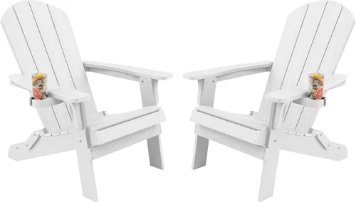 Vista 30 de YEFU Silla Adirondack, silla Adirondack de plástico de gran tamaño, sillas plegables para exteriores con soporte para tazas, silla de césped