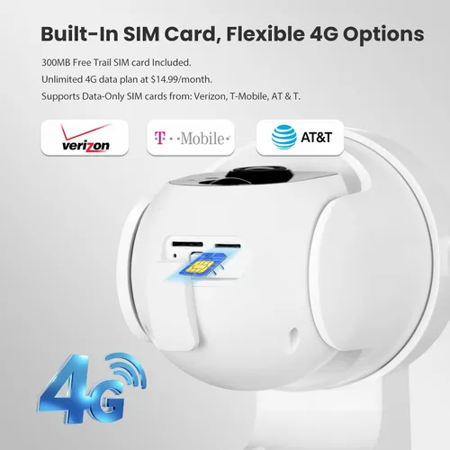 Vista 5 de Cámara de seguridad celular 4G LTE inalámbrica para exteriores, no necesita WiFi, visión nocturna a color 2K, panorámica/inclinación de 360°
