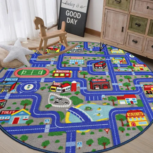 Vista 11 de Capslpad Alfombra Azul de Coche y Carretera para Niños, Alfombra de Juego para Sala de Juegos, Alfombra Antideslizante Lavable con Mapa de la Ciudad