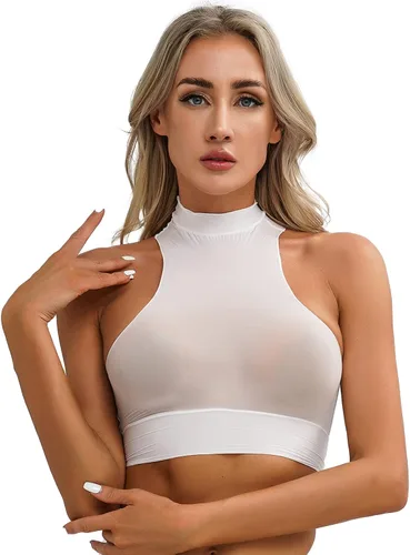 Vista 2 de Mujeres atractivas ver a través de Crop Top Sheer Mock Neck Bra sin mangas apretado Cami chaleco ropa de dormir