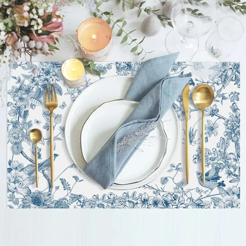 Vista 3 de 50 paquetes de manteles de papel con diseño de flores y pájaros, desechables, azules y blancos, manteles de papel floral de 11 x 17 pulgadas