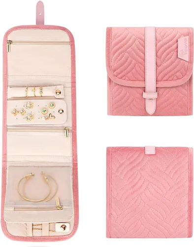 Vista 4 de Voova Estuche organizador de joyas de viaje, bolsa pequeña de almacenamiento de joyas para artículos esenciales de viaje, bolsa plegable portátil