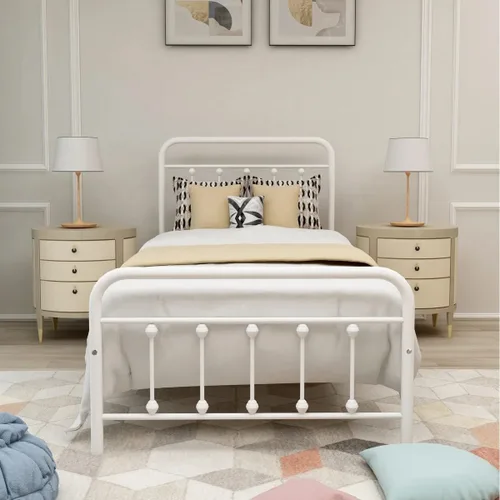 Vista 7 de Marco de cama de metal tamaño matrimonial con cabecero y estribo, sin somier, color blanco