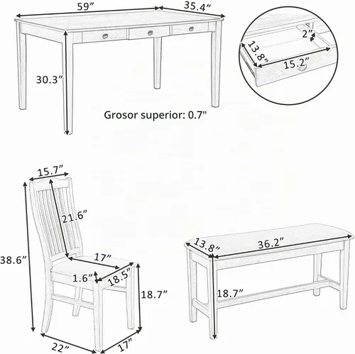 Vista 5 de Juego de mesa de comedor vintage de 6 piezas, juego de mesa de comedor de cocina de madera maciza con 4 sillas ergonómicas acolchadas y banco, mesa
