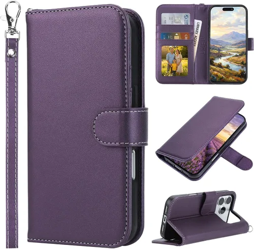 Vista 36 de ULAK Funda tipo cartera compatible con iPhone 15 Pro con tarjetero y diseño de flores, para mujeres y niñas, piel sintética, con función atril