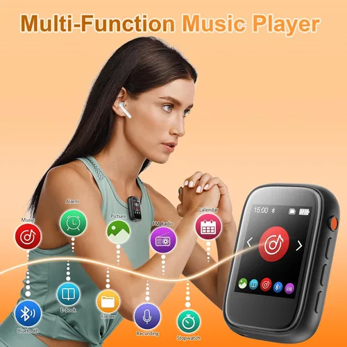 Vista 4 de Reproductor Mp3 portátil para niños con clip en la parte posterior, pequeño reproductor de música con Bluetooth 5.3, pantalla táctil, radio FM