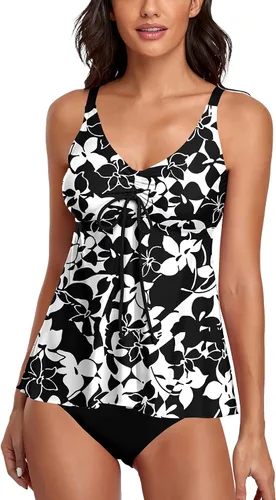 Vista 58 de Omichic Trajes de baño tankini para mujer, de dos piezas, blusa tipo tankini modesta con parte inferior de bikini Negro