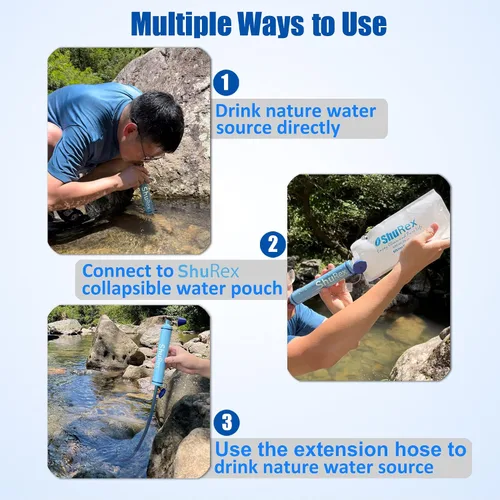 Vista 6 de Sistema de filtración de agua alimentada por gravedad con correa ajustable para árboles, bolsa de gravedad grande con popote de filtro, purificador