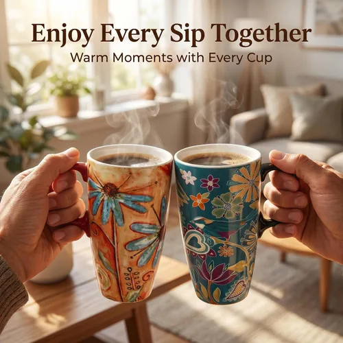 Vista 2 de Topadorn Taza de café de cerámica alta de viaje de 17 onzas con tapa sellada, juego de 2 Colorido diseño floral y de pájaros, apto para microondas