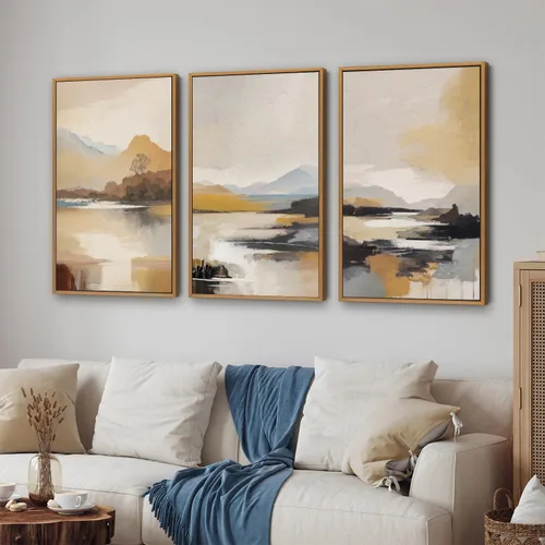 Vista 6 de Tinonedraw Arte de Pared en Lienzo Enmarcado de Paisaje de Montaña Beige, Decoración de Pared Moderna Abstracta de Mediados de Siglo, Arte de Lago