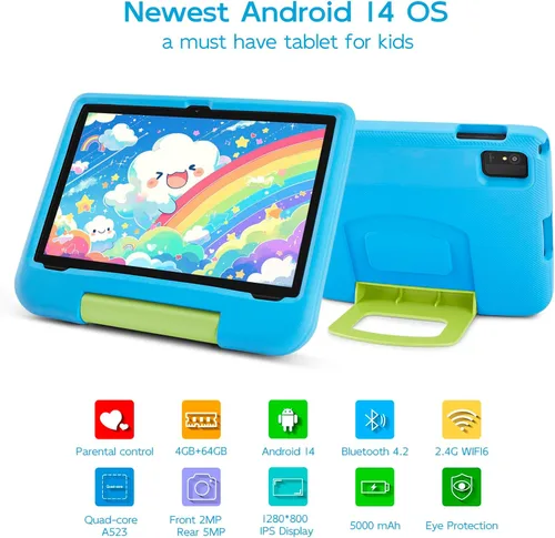 Vista 2 de Tableta para niños de 10 pulgadas, Android 14 para niños, Octa-Core, 4 GB de RAM 64 GB ROM expandible, IPS HD 1280 x 800, WiFi 6, batería de 5000