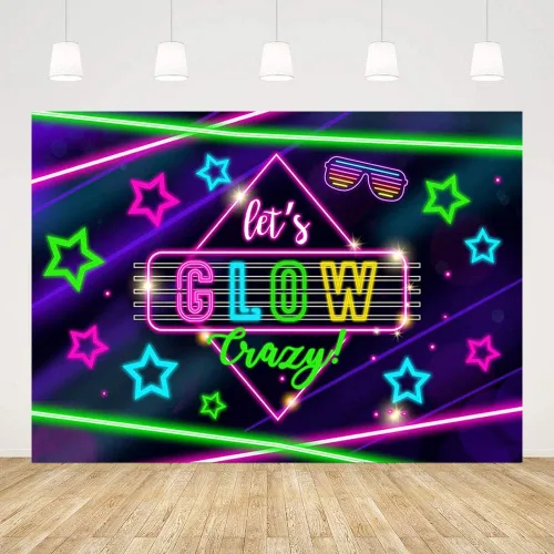 Vista 2 de MEHOFOND Telón de fondo de cumpleaños de neón brillante de 7 x 5 pies, decoración de fiesta loca, estrella de luz colorida, fotografía, fondo