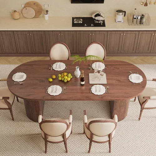 Vista 3 de ONBRILL Mesa de comedor de 70.8 pulgadas para 4-6, mesa de comedor ovalada con base de tira de madera acanalada curvada, mesas de cocina modernas