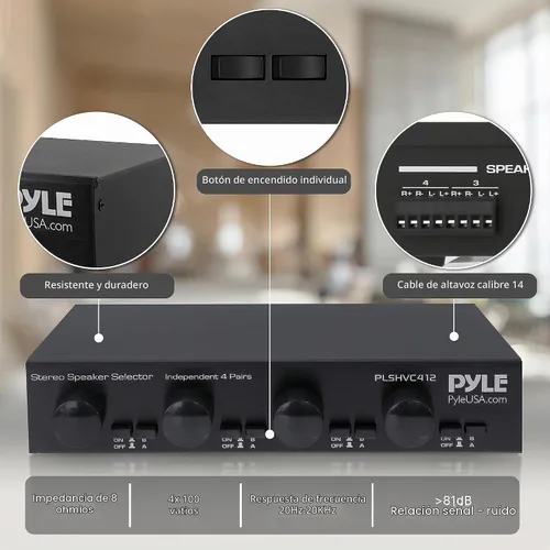 Vista 4 de Pyle Selector de Altavoces Estéreo de Alta Potencia de 4 Canales con Control de Volumen - Construcción de Carcasa Resistente y Duradera, Disipador