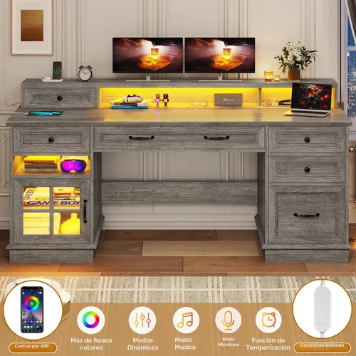 Vista 5 de BTHFST Escritorio ejecutivo estilo granja con cajón para archivos, escritorio para computadora con estación de carga y luces LED, escritorio de Gris