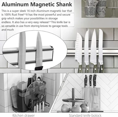Vista 2 de MEKBOK Kitchens - Barra magnética de aluminio para cuchillos, libre de óxido (16 pulgadas)