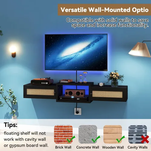 Vista 6 de IBUYKE Soporte flotante moderno de ratán para TV con puertas, estante de TV montado en la pared para televisores de hasta 55 pulgadas, consola