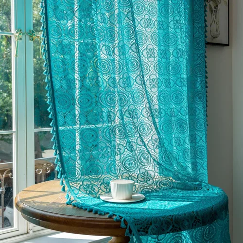 Vista 9 de YJ YANJUN - Cortinas de café boho, 24 pulgadas de largo, 2 paneles, cada una de 59" de ancho x 24" de largo, beige, con crochet, cortinas de cocina