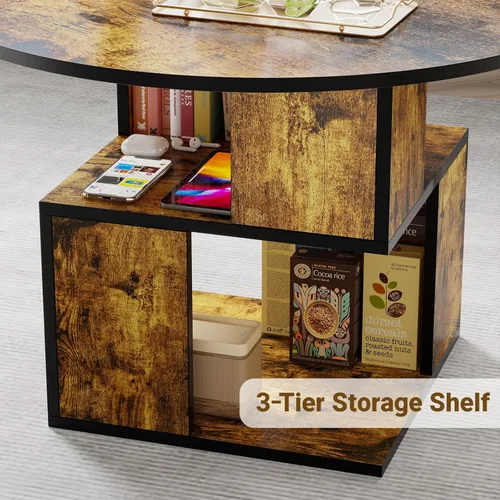 Vista 4 de Elephance Mesa de centro redonda con almacenamiento, mesa de centro de 3 niveles para sala de estar, mesa de madera marrón caramelo con marco negro