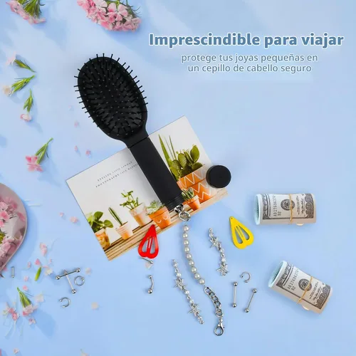 Vista 3 de Cepillo de pelo seguro para desviar para ocultar dinero, efectivo, joyas, mini llaves, contenedor seguro para la playa, peine de pelo real para Negro