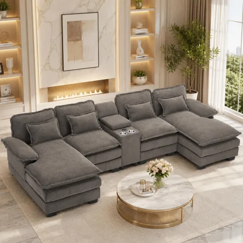 Vista 20 de Sofá modular en forma de U de 132 pulgadas, sofá modular para sala de estar, sofá moderno de pana de felpa de gran tamaño con consola central Negro