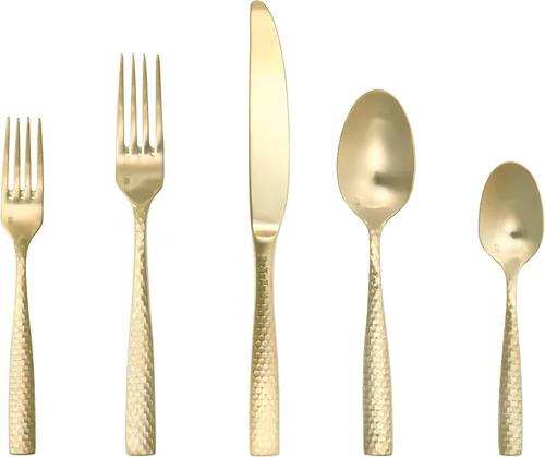 Vista 3 de Fortessa Lucca - Cubiertos facetados de acero inoxidable 18/10, cuchara de postre/sopa, 7.1 pulgadas, juego de 12, dorado cepillado Oro cepillado