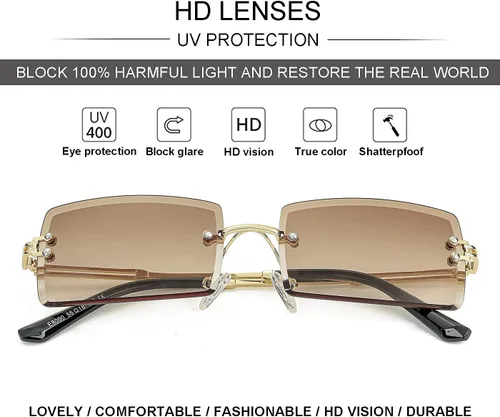 Vista 6 de Lentes de sol rectangulares sin montura para mujeres y hombres, a la moda A1 Marrón degradado