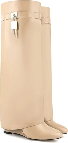 Vista 3 de Botas plegables puntiagudas con tacón de cuña para mujer, botas hasta la rodilla con diseño de candado y cremallera lateral Beige