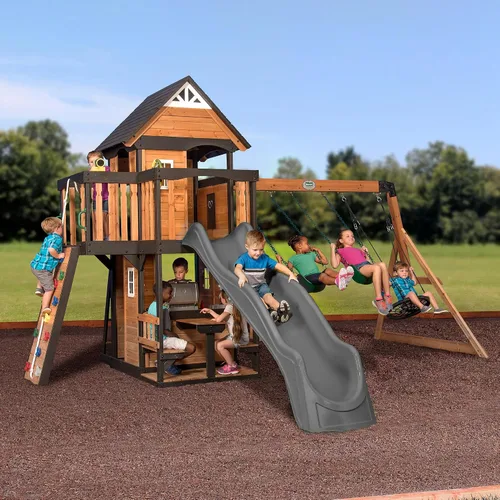 Vista 10 de Conjunto de columpios Backyard Discovery Canyon Creek de madera de cedro con tobogán de ola, casa de juegos, cocina de juego, área de picnic