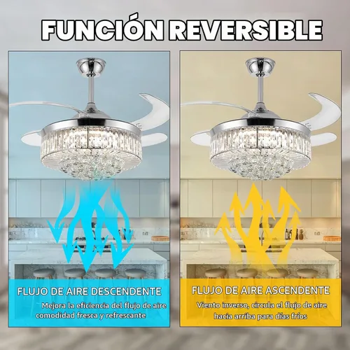 Vista 4 de Ventilador de techo invisible de 36", lámpara de araña de cristal moderna con control remoto, 4 aspas retráctiles de ABS para dormitorio, sala