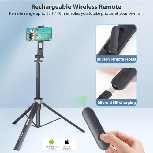 Vista 6 de Koolehaoda - Trípode magnético para selfie de 64 pulgadas, 5 en 1 con control remoto inalámbrico Trípode portátil para teléfono, compatible