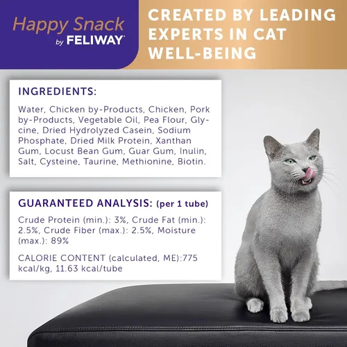 Vista 5 de Happy Snack de FELIWAY®, Golosinas lamibles y exprimibles en puréa para gatos para una rutina diaria de calma, hechas con pollo real, paquete de 12