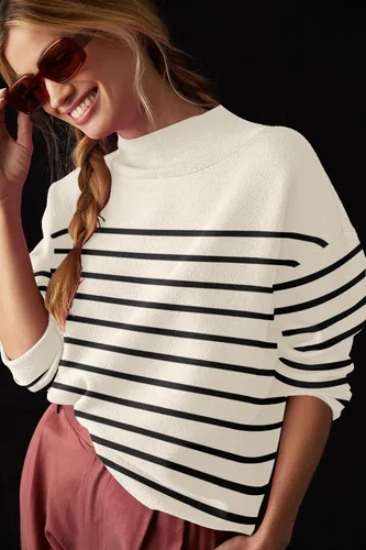 Vista 3 de Suéter de manga larga para mujer, suelto, casual, cuello alto, suave, tejido de punto sólido