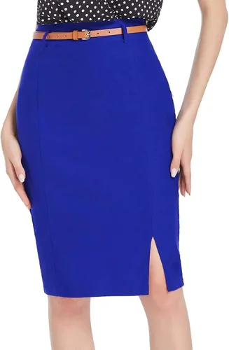 Vista 2 de Kate Kasin Falda estilo lápiz, entallada, para mujer, con cinturón, de color liso y ajustada en la cadera