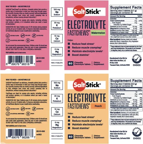 Vista 2 de SaltStick FASTCHEWS® - Paquete variado de 2 botellas de 60 unidades de melocotón y sandía con tubo Race Ready